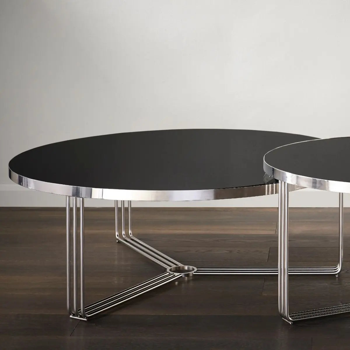 Finn Large Circular Coffee Table Black Glass Top & Polished Chrome Frame